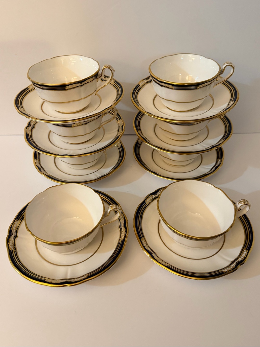 Set For 8 Spode Chancellor Cobalt Bone China Tea Cup & Saucer White Gold Trim